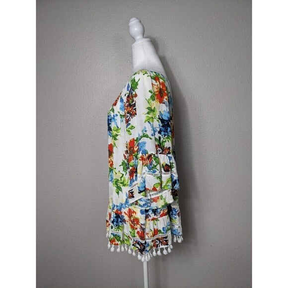 Ali Miles Women L White Multi Color Floral Pullover Tunic Artsy Boho Summer #11 - Picture 3 of 7